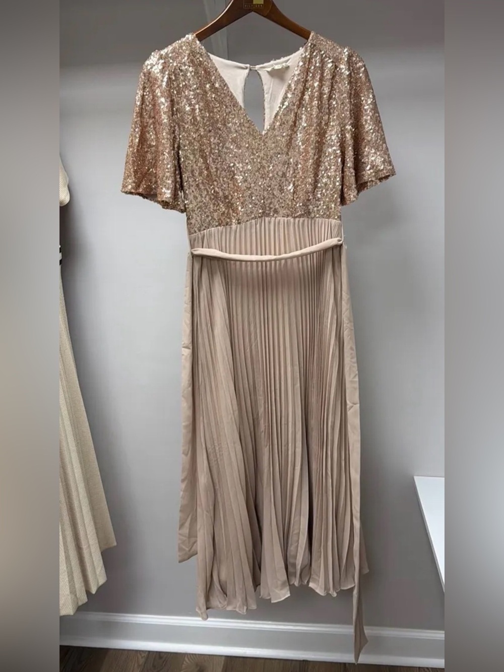Sequined V-Neck Pleated Midi Dress in Blush